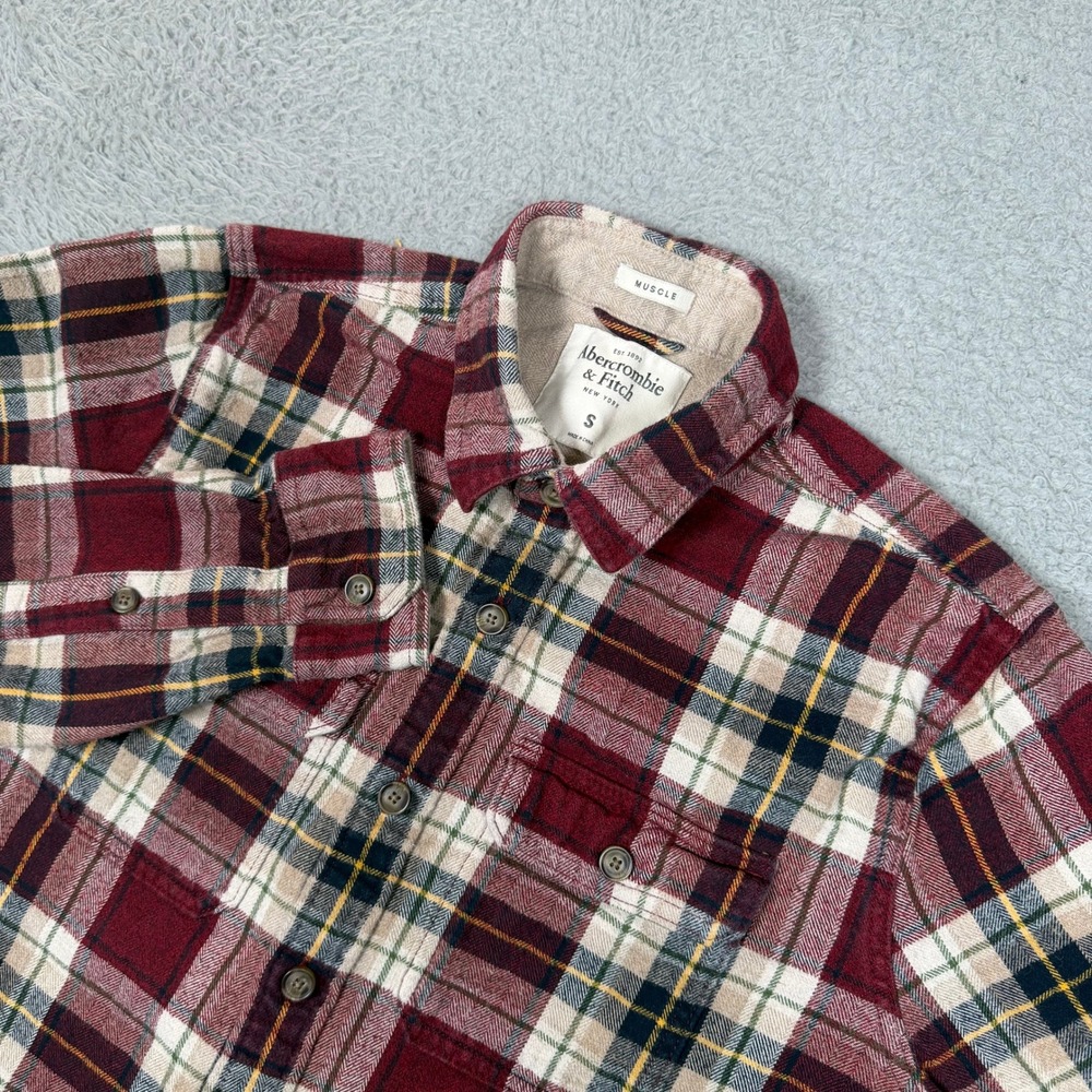 Y2K Vintage Abercrombie & Fitch‎ Mens Muscle Fit Flannel Shirt Burgundy Plaid S